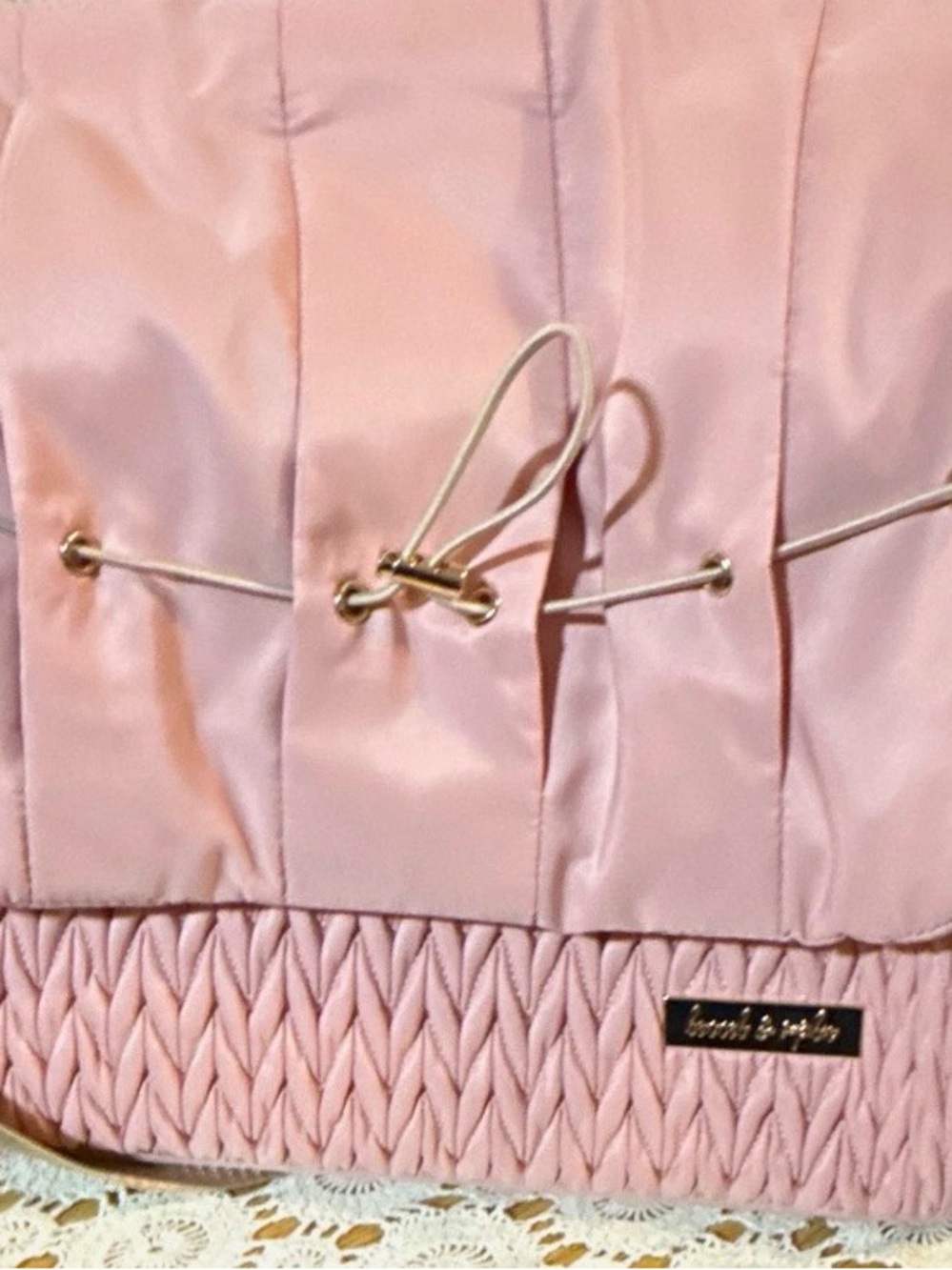 Soft Pink Baby Bag with Woven Trim and Drawstring